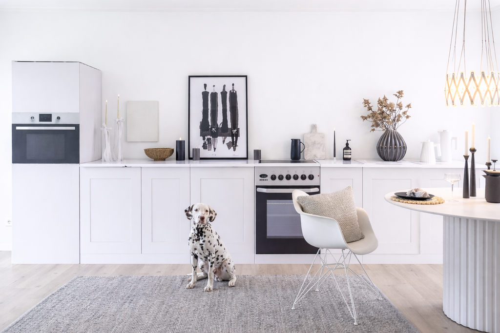 Home Staging Küche in Schneeweiß – minimalistische Küchenattrappe für helle Immobilieninszenierung