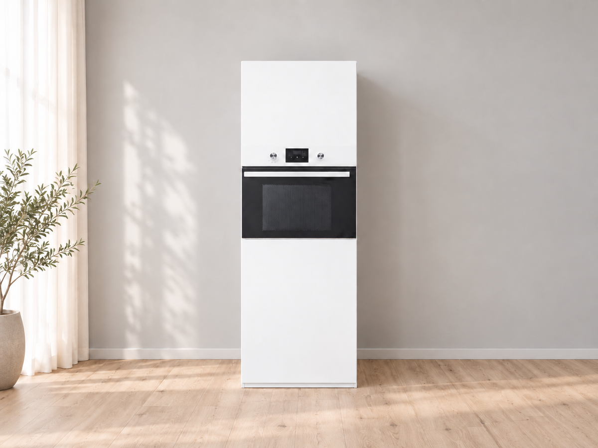 Biały słupek ESSENTIAL z kartonu, wysokość 180 cm, z atrapą piekarnika