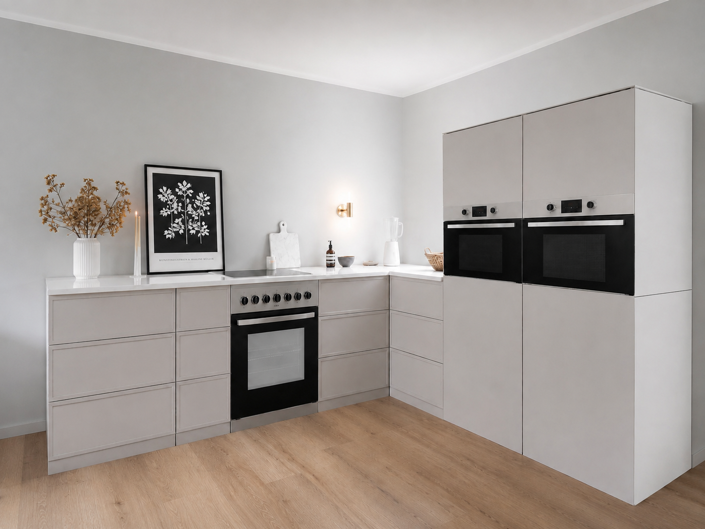 Cardboard Corner Kitchen 270 × 240 cm – Premium Home Staging Kitchen with 2 Tall Cabinets & Cooker Mock-Up