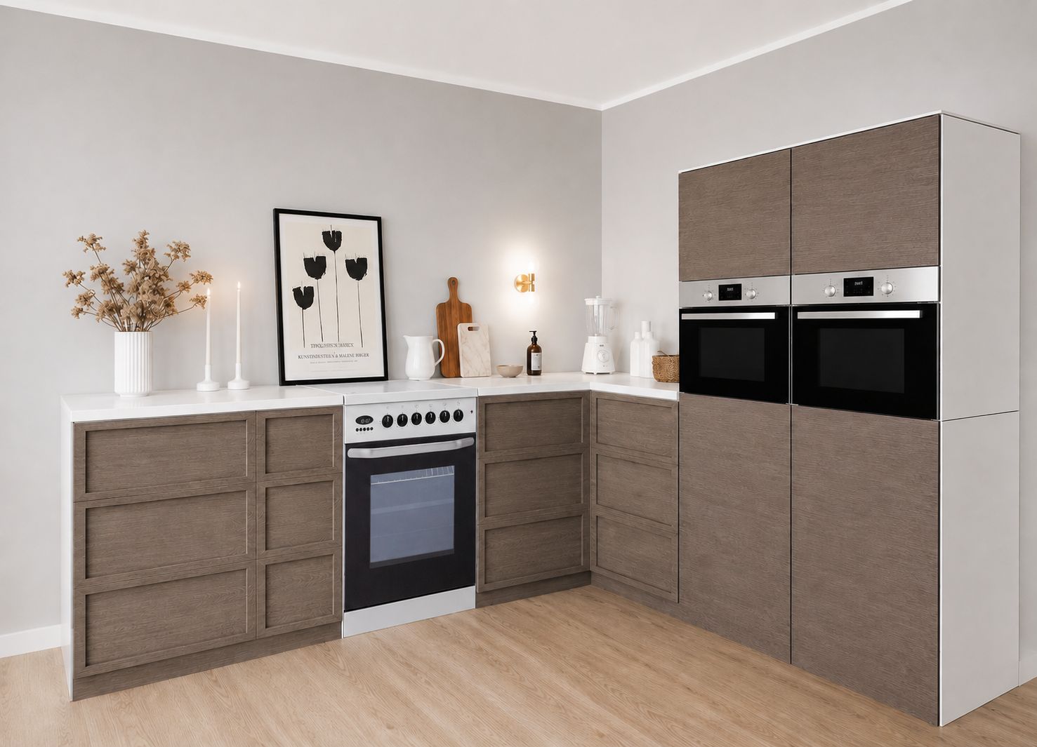 Cardboard Corner Kitchen 270 × 240 cm – Premium Home Staging Kitchen with 2 Tall Cabinets & Cooker Mock-Up