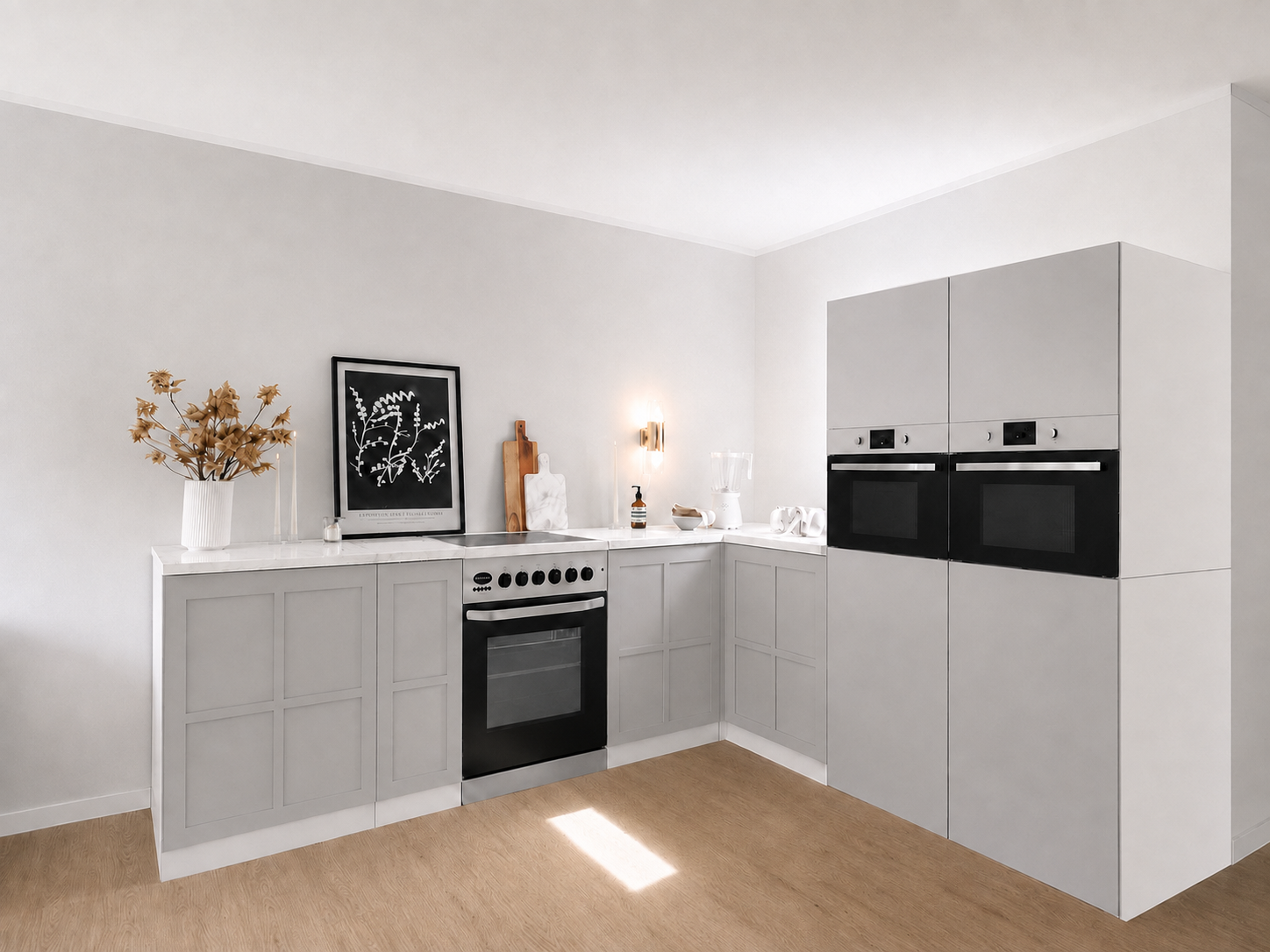 Cuisine en carton 270 × 240 cm avec deux colonnes en gris clair pour le Home Staging