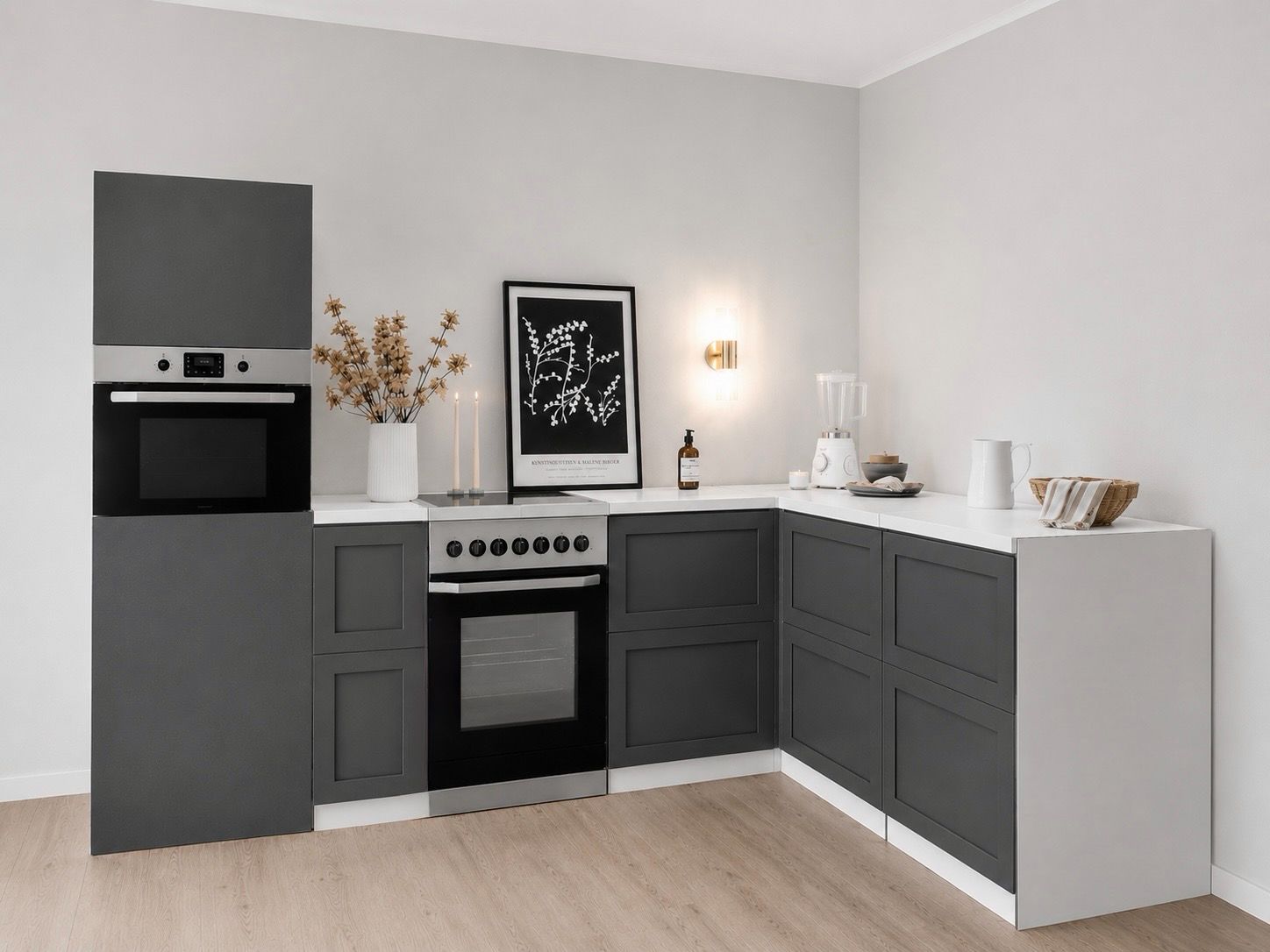 Cardboard Corner Kitchen 270 × 180 cm – Home Staging Kitchen with Tall Cabinet & Cooker Mock-Up