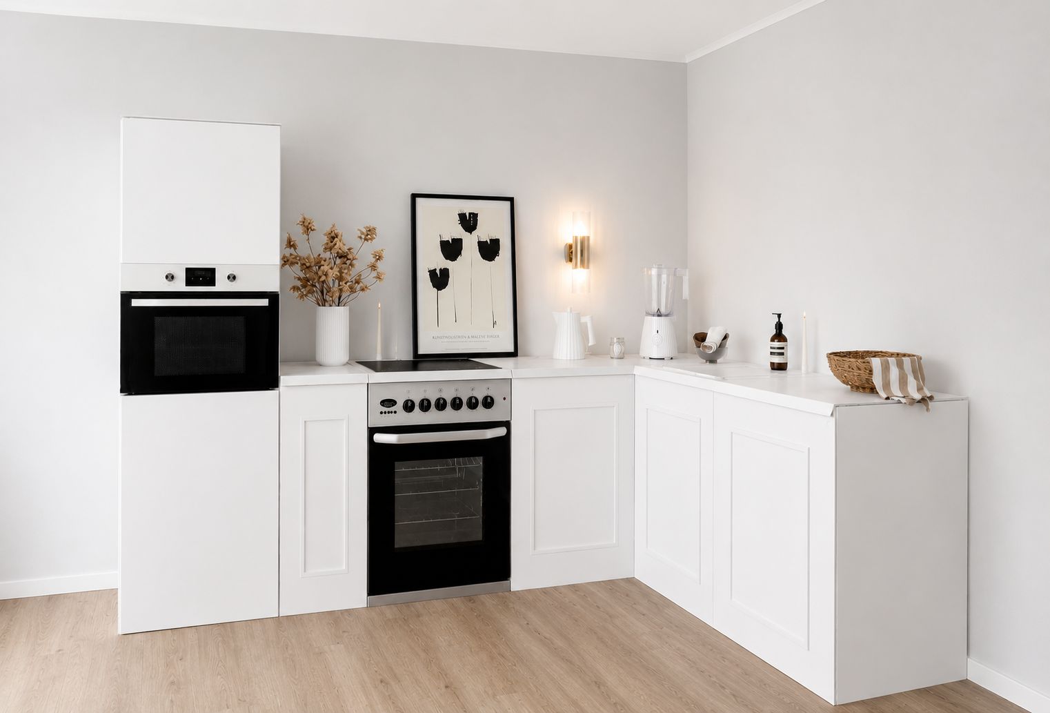 Cardboard Corner Kitchen 270 × 180 cm – Home Staging Kitchen with Tall Cabinet & Cooker Mock-Up