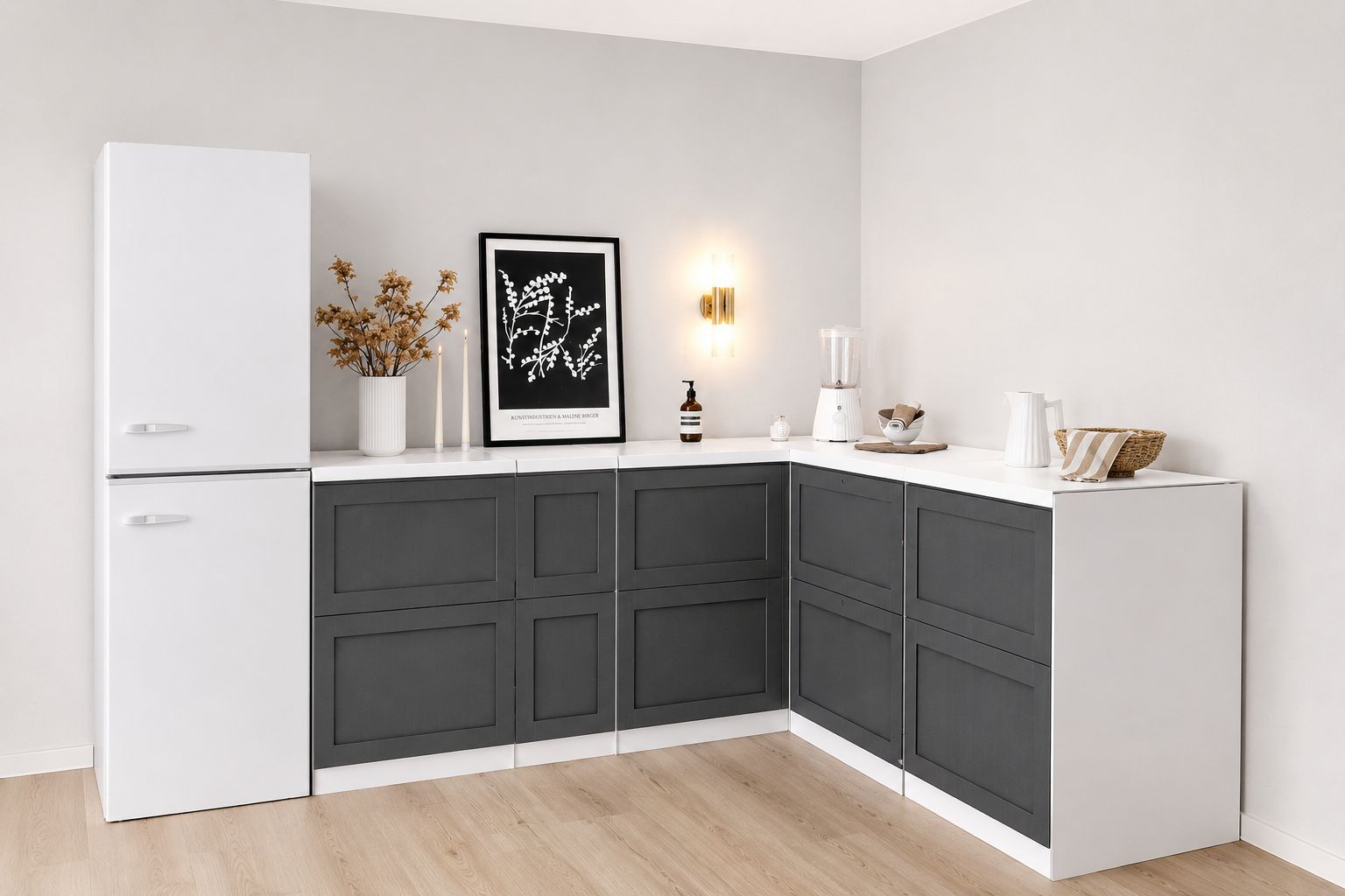 Cardboard Corner Kitchen – L-Shaped 270 × 180 cm with Fridge Mock-Up