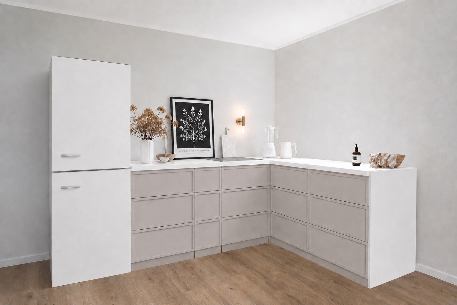 Cardboard Corner Kitchen – L-Shaped 270 × 180 cm with Fridge Mock-Up