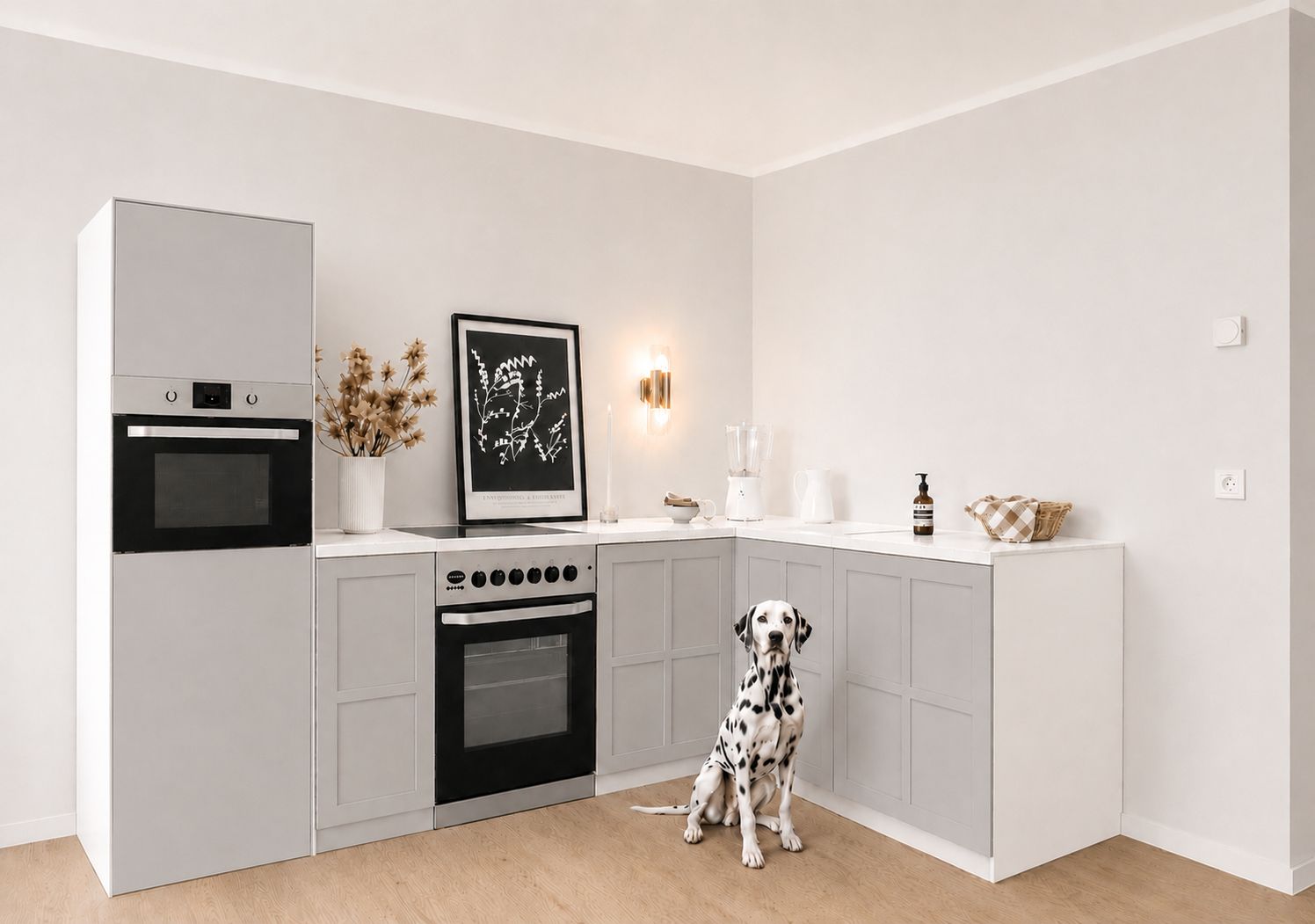 Cardboard Corner Kitchen 270 × 180 cm – Home Staging Kitchen with Tall Cabinet & Cooker Mock-Up