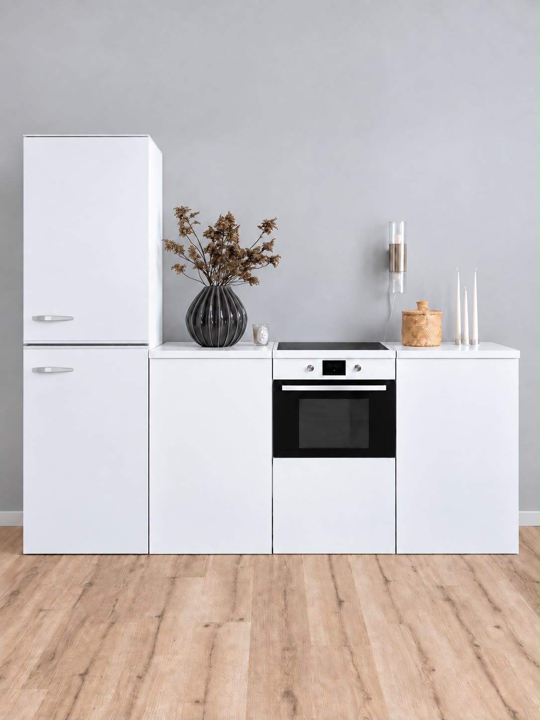 White ESSENTIAL cardboard kitchen 240 cm with refrigerator mock-up