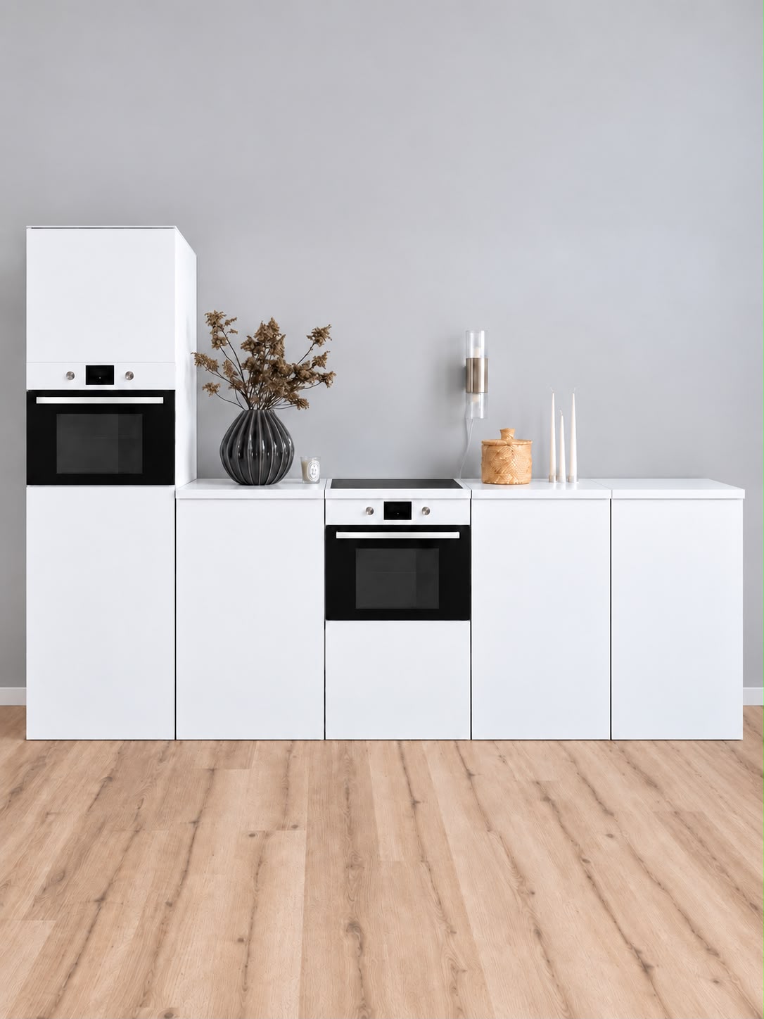 White ESSENTIAL cardboard kitchen 300 cm with tall cabinet