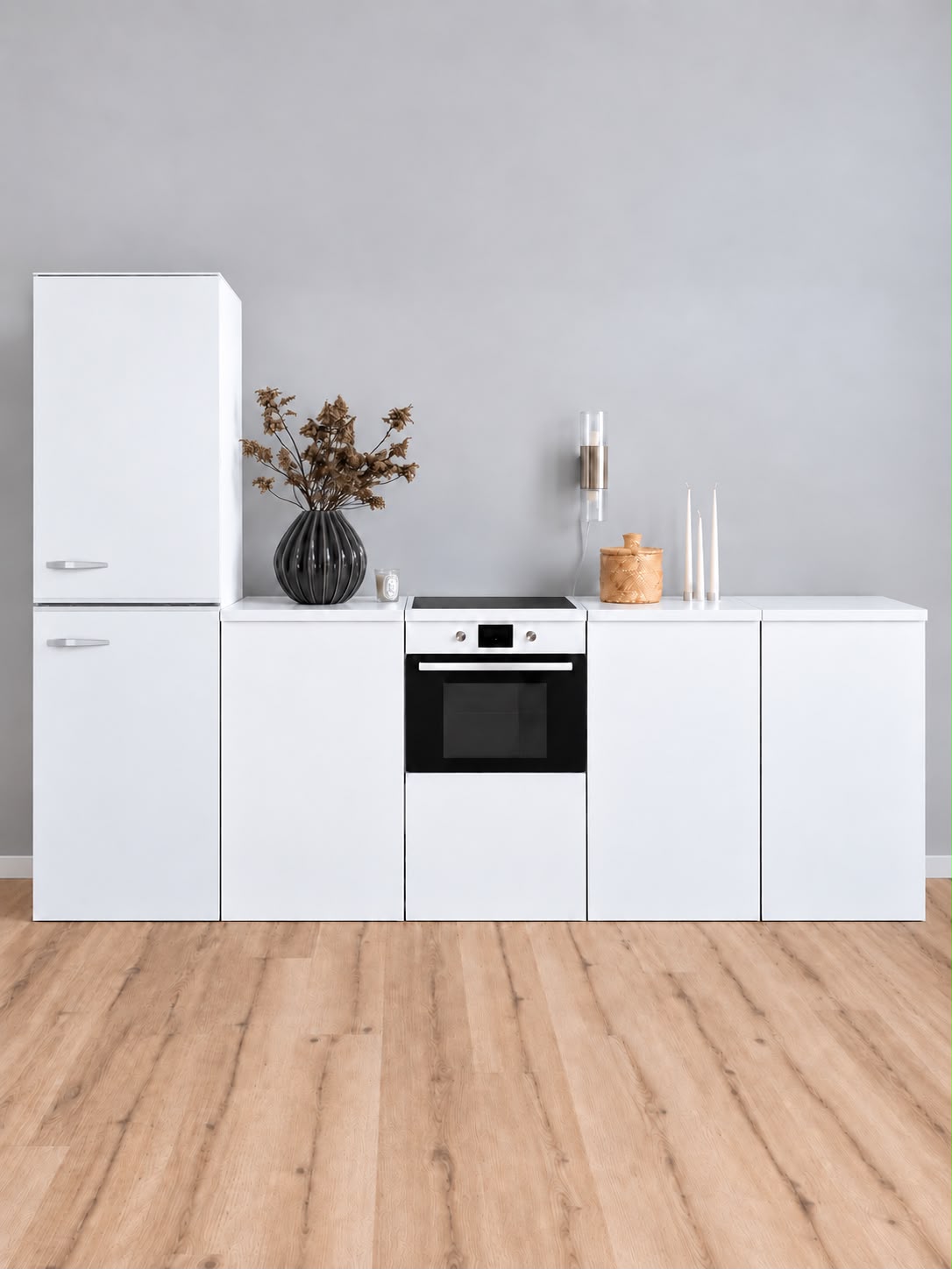 White ESSENTIAL cardboard kitchen 300 cm with refrigerator mock-up