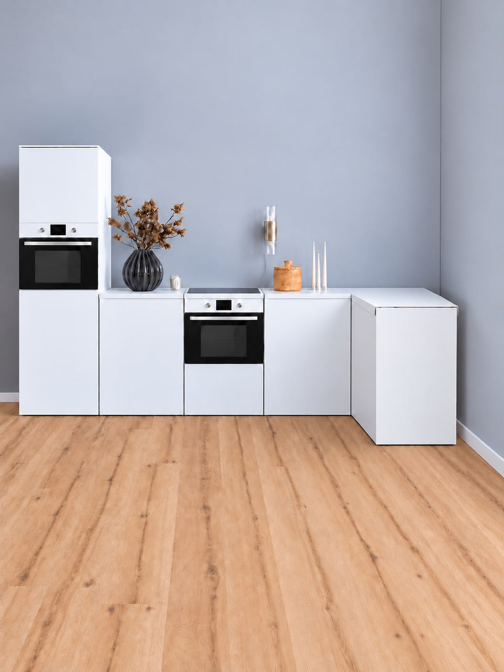 Cocina esquinera ESSENTIAL blanca de cartón 300 × 120 cm con columna