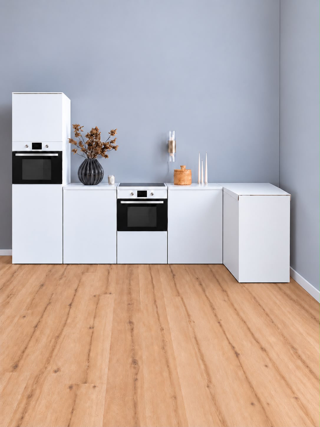 White ESSENTIAL cardboard corner kitchen 300 × 120 cm with tall cabinet