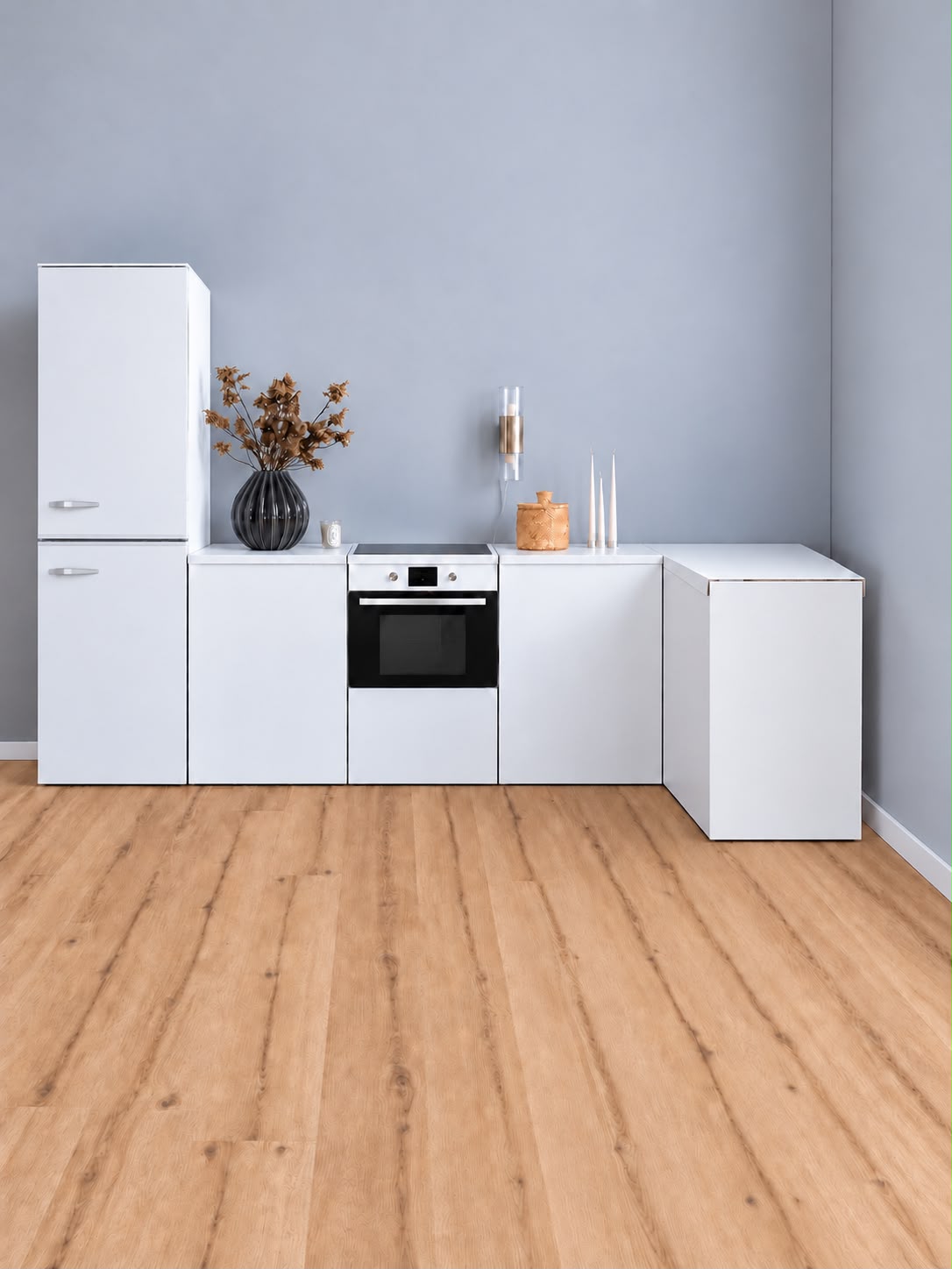 White ESSENTIAL cardboard corner kitchen 300 × 120 cm with refrigerator mock-up